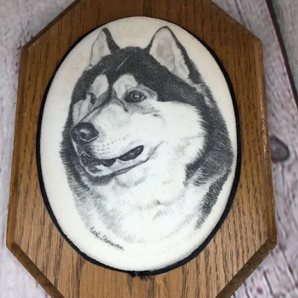 VTG Earl Sherwan‎ Dog Art Husky/Malamute Cultured-Ivory Engraving Plaque 7